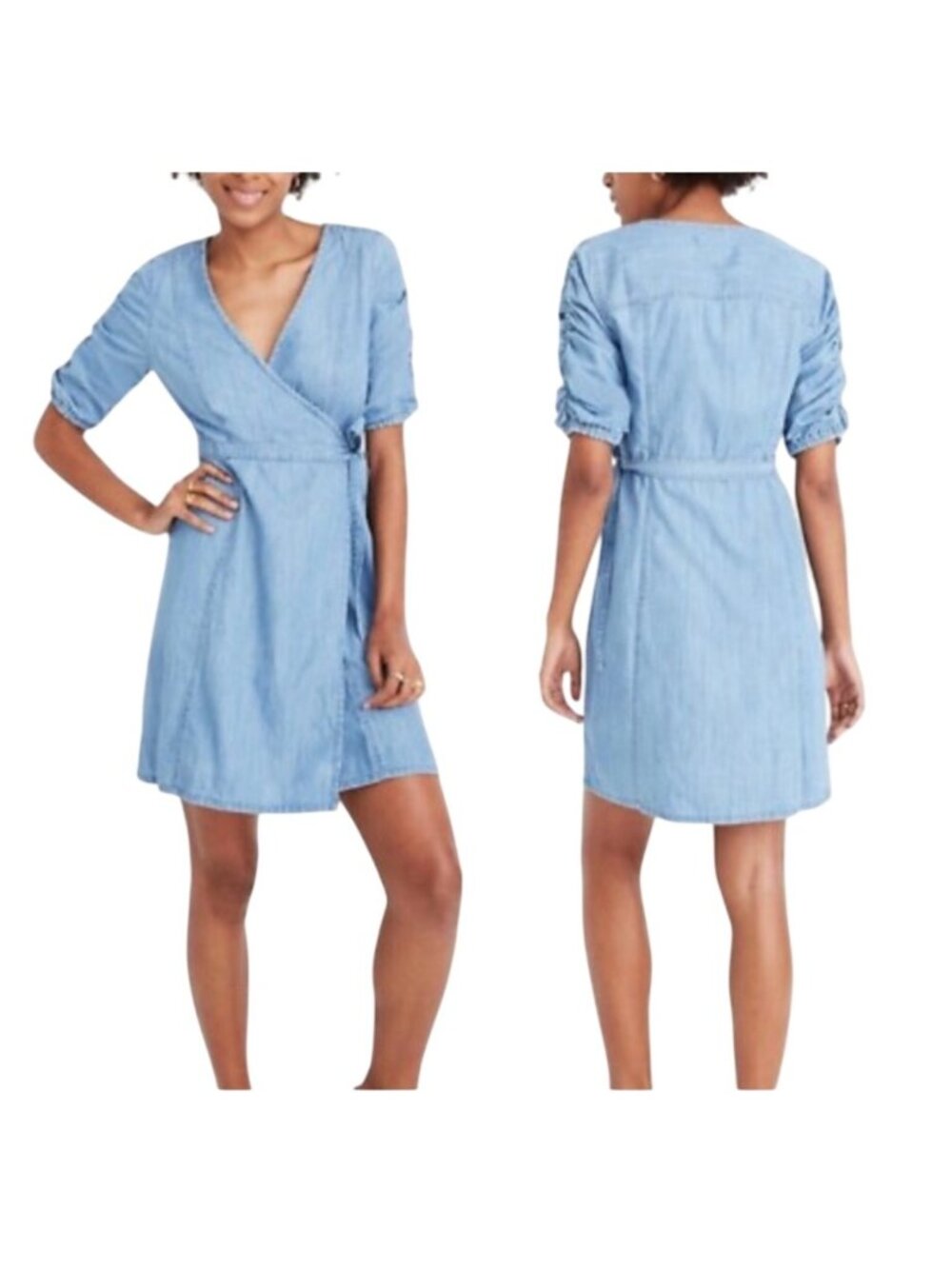 Madewell Dress Size Small Blue Chambray Tie Waist Ruched Sleeve V Neck Wrap